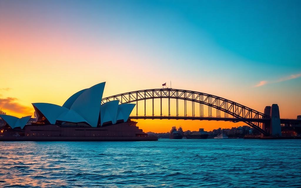 Sydney Opera House and Harbour Bridge at sunset