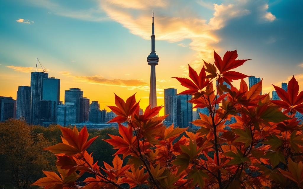 Toronto skyline at sunset with autumn maple leaves in the foreground