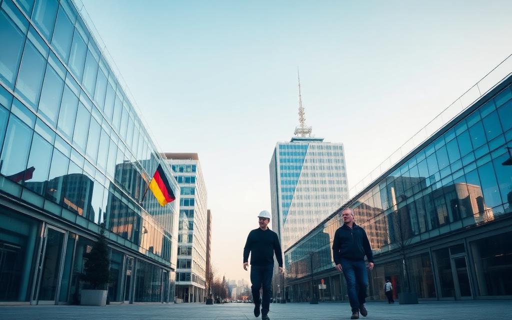 Modern glass office buildings in a German business district