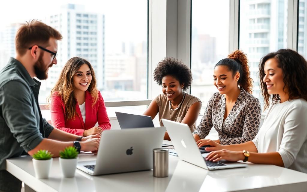 Diverse professionals working together in a bright modern office