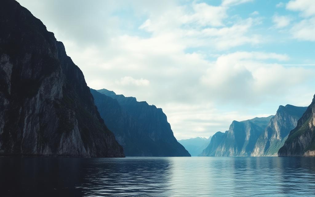 A dramatic Norwegian fjord with steep cliffs and calm water