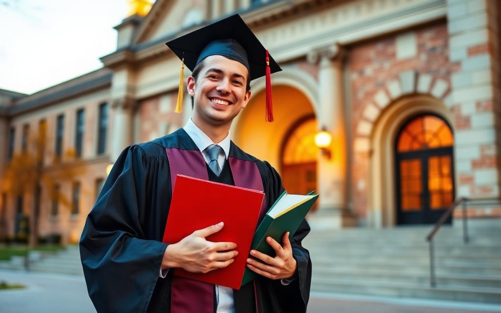 Graduate in cap and gown holding books outside a university building