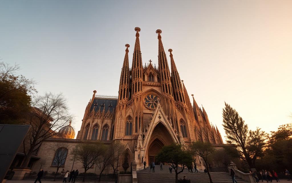 Sagrada Familia basilica in Barcelona at golden hour