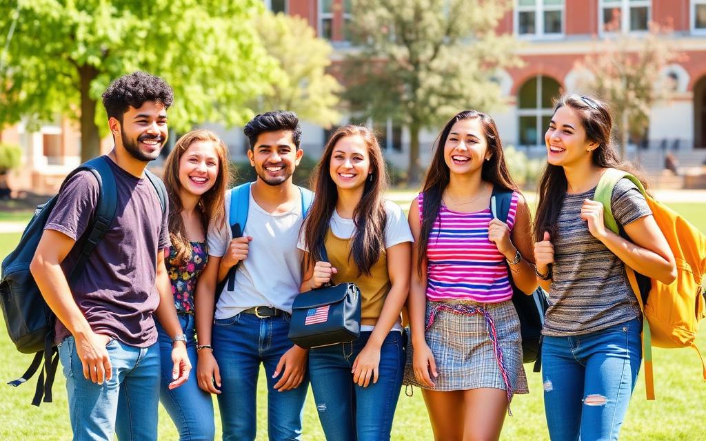 International students with backpacks on a sunny university campus