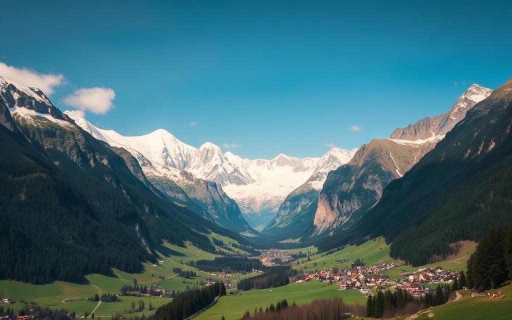 Swiss Alps with snow-capped peaks and a green valley village