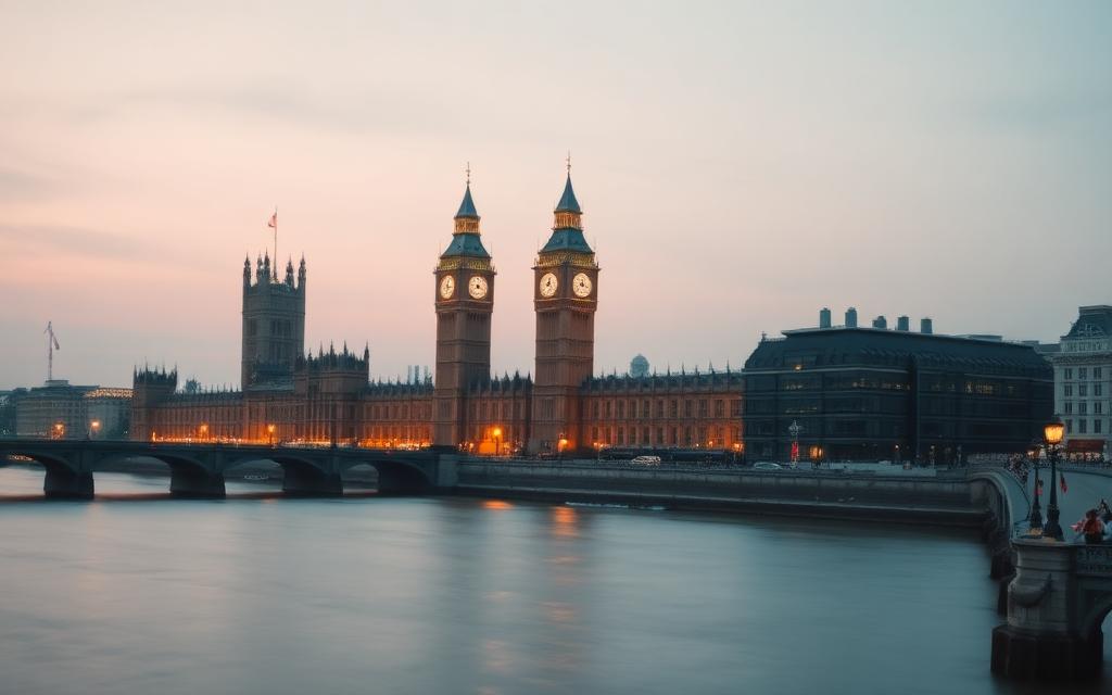 Big Ben and the Houses of Parliament along the River Thames at dusk