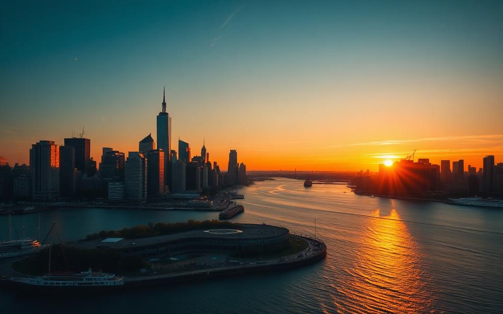 New York City skyline and harbor at sunset